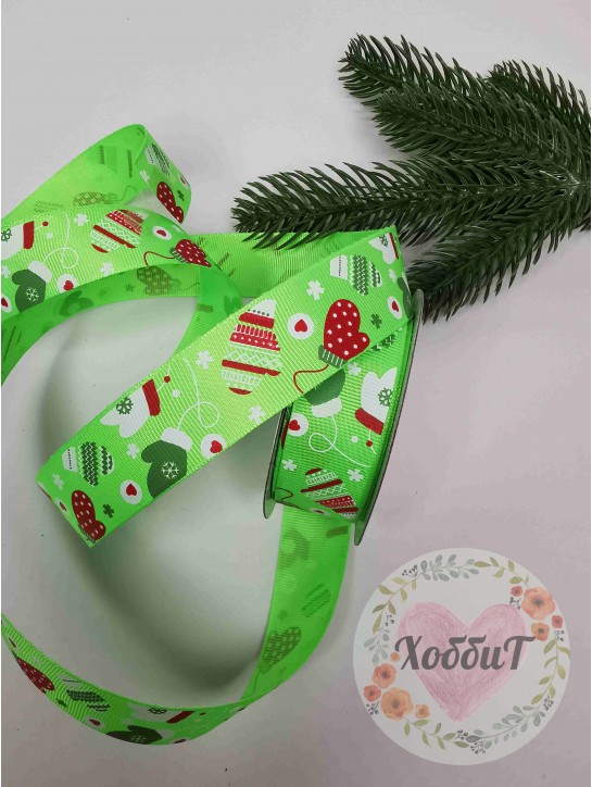 Лента репсовая с рисунком "Варежки" 2,5см (салатовый), метр